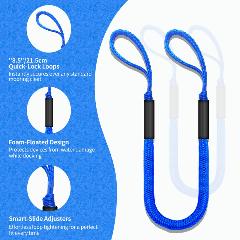 Bungee Dock Lines for Boats with Loops, Boat Tie Downs for Docking, Adjustable Boat Mooring Rope for Pontoon, Jon Boat & PWC (2, Blue, 4 FT) 2