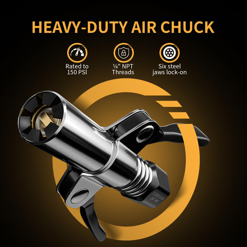 Locking Air Chuck, Heavy Duty Open Flow with Six Steel Jaws, Locks onto Any Tire Valve, No Leaks or Pop-Offs, Rated to 150 PSI - Open Flow