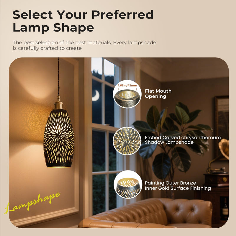 Metal Pendant Lamp Shade, Chandeliers Cover Mini Oval Light Shade Replacement Lampshade Only Light Fixtures for Kitchen Island 1-Pack, 7.8" Height x 4.5" Diameter (Chrysanthemum Pattern) Chrysanthemum Pattern
