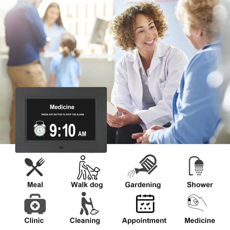 TSITSC 7 Inch Digital Day of The Week Clock Extra Large Non-Abbreviated Dementia Day and Date Time Clocks for Seniors Elderly Impaired Vision Memory Loss 12 Alarm Reminders + Auto-Dimming 7 Inch Black