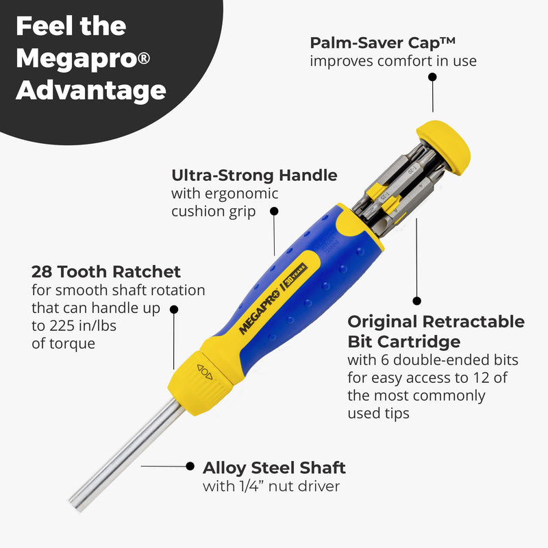 RATCHETING SCREWDRIVER - 13-in-1 Multi Bit Screw Driver w/ " Hex Shaft for Phillips, Star, Flat, Square Bit - Retractable Cartridge - Multi Screwdriver (Yellow)
