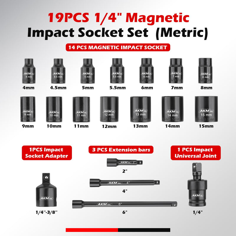 1/4 Inch Drive Magnetic Impact Socket Set, 19-Piece Metric, 4mm-15mm, 6 Point, Cr-Mo, Square Drive, Magnetic Socket with Adapter, Universal Joint & Extension 19PCS 1/4" Metric Magnetic Socket Set