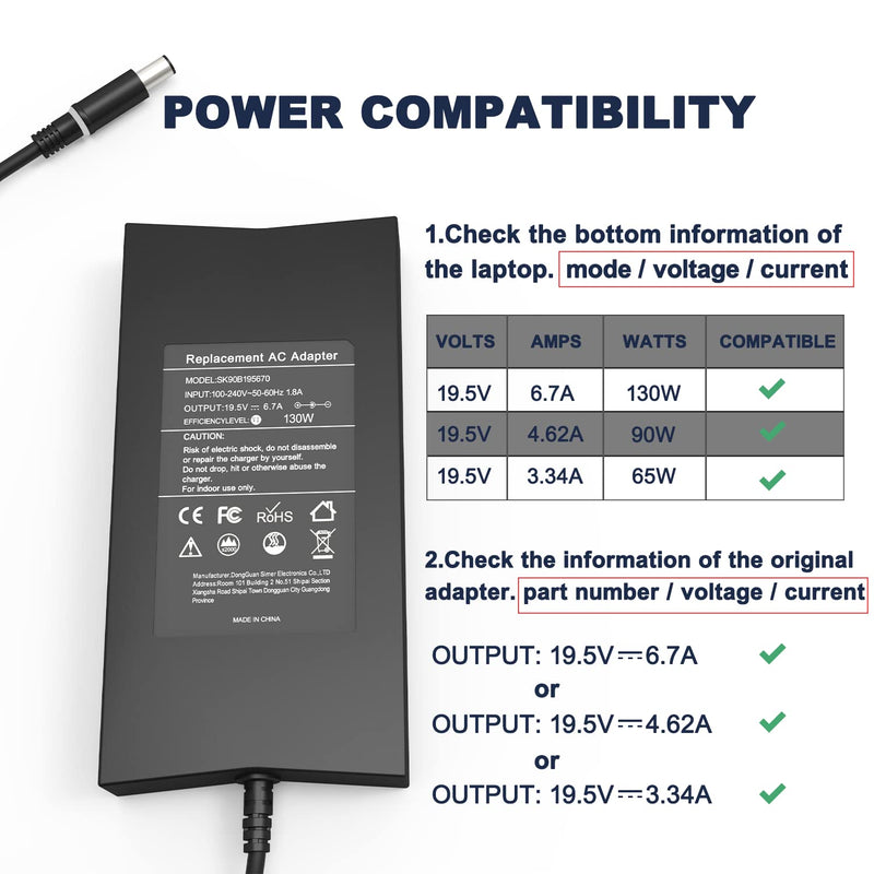PA-4E DA130PE1-00 7.4×5.0mm 130W Charger Compatible with Dell Inspiron 15 7000 7559,XPS 15(L502x) 17(L702x),JU012 CM161 130W Laptop Charger,130w AC Adapter,D6000 Docking Station Power Cord.