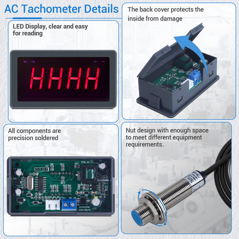 ICSTATION 4 Digital Red LED Tachometer RPM Speed Meter AC 110V-230V Digital Motor Tachometer with Hall Proximity Switch Sensor NPN for Lathe Conveyor Belt