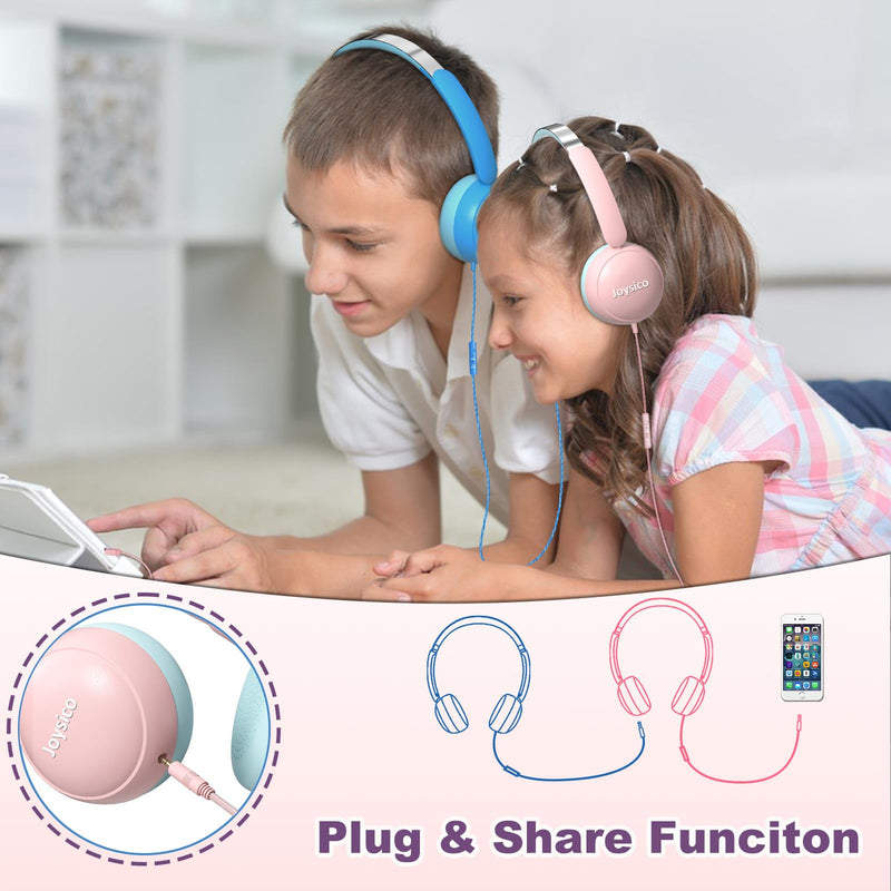 Kids Headphones with Cord and Mic for School Class Airplane Travel, Pink | 85/94dB Volume Limit, Wired Durable Comfortable On Ear Earphones, Headset for iPad Tablet Kindle Laptop PC, Boys Girls Teens