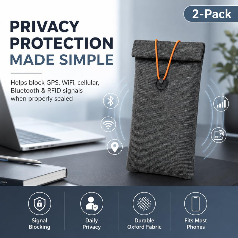 Faraday Bags for Phones 2 Pack, Phone & Key Fob Signal Blocking Pouch | GPS WiFi Cellular Bluetooth RFID, Oxford Fabric, Fits Most Smartphones