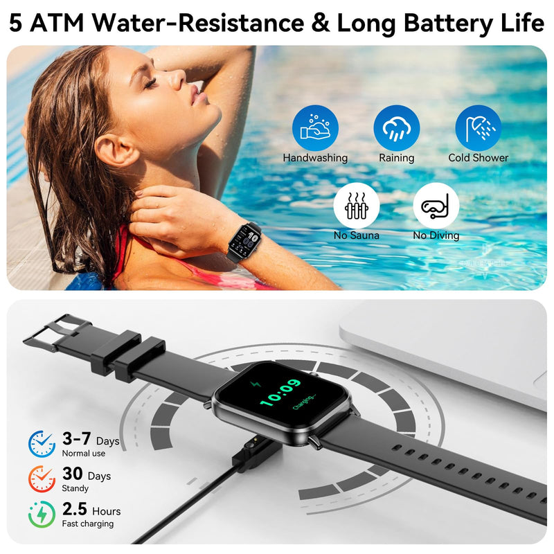 Smart Watch for Men Women, 1.83" HD Touch Screen Smartwatch with Bluetooth Call, IP68 Waterproof, 130+ Sport Modes Fitness Tracker Heart Rate Sleep Monitor Pedometer, Compatible with Android iPhone Black