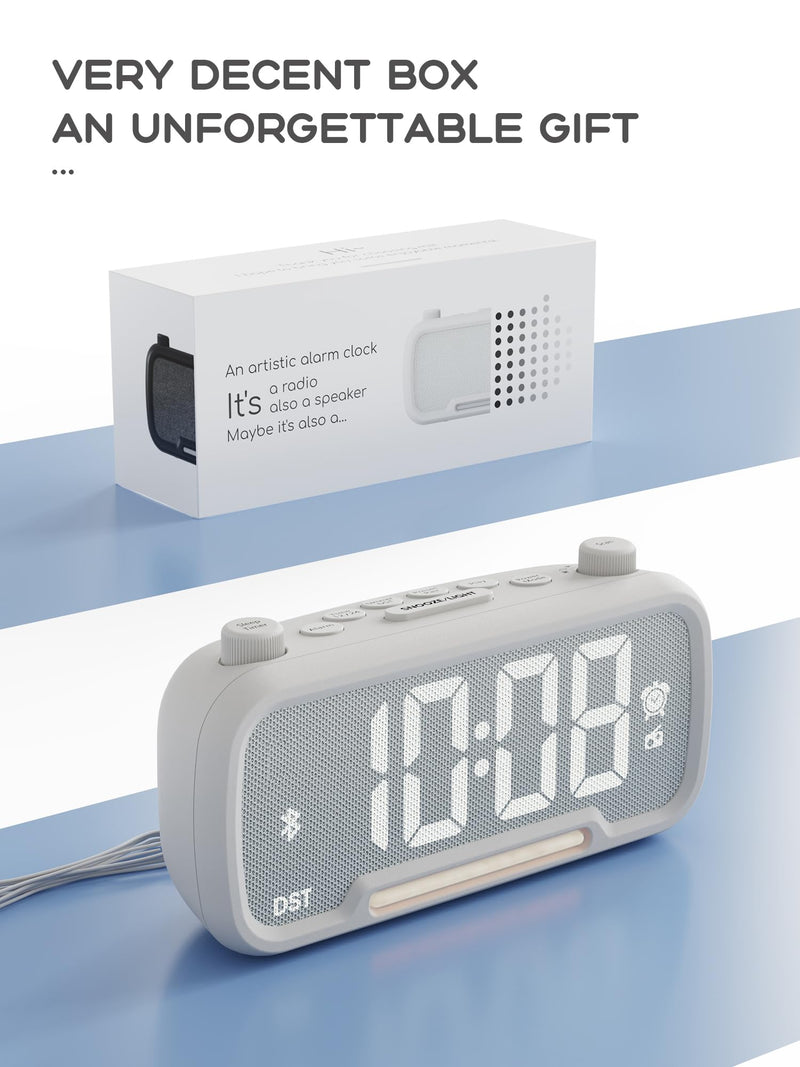ROCAM Clock Radio, FM Radio Alarm Clock for Bedroom Modern Design, Auto Scan 20 Presets Auto-Off Sleep Timer, Bluetooth Speaker, Night Light, USB Ports, Brightness Dimmer White