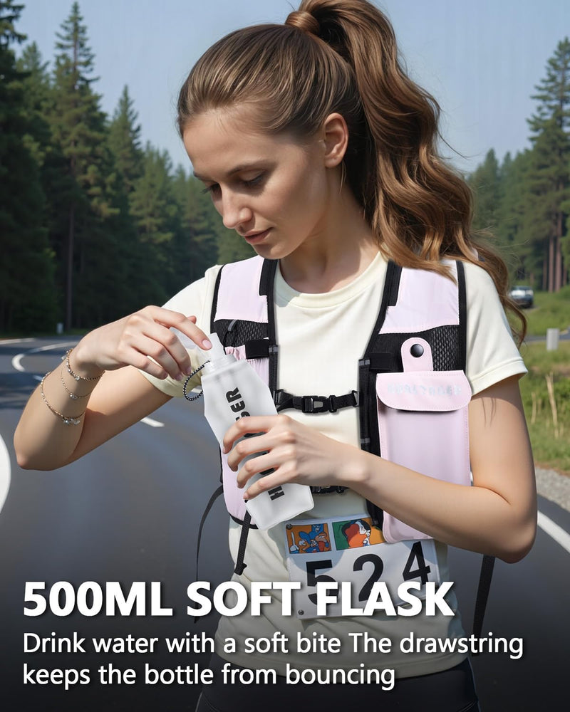 Running Hydration Vest for Women Men,Lightweight Breathable Hydration Pack with 500ml Soft Flask, Adjustable Chest Straps Reflective Backpack for Trail Running Marathon Race Jogging Cycling Pink