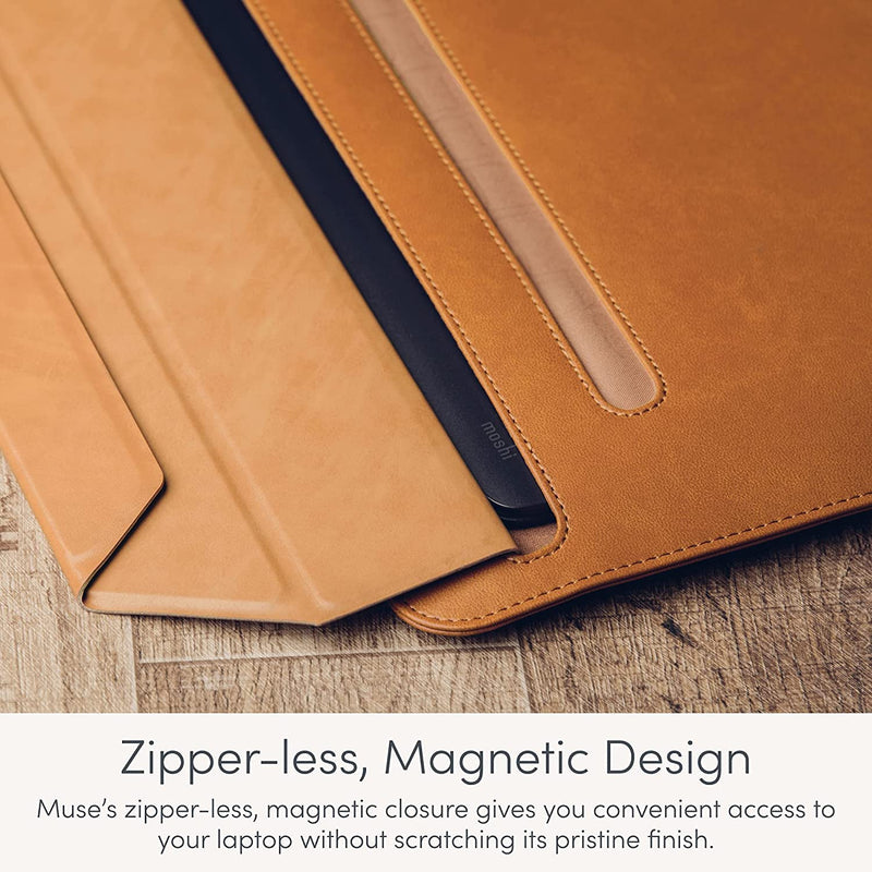 Moshi Muse 14 inch Laptop Sleeve Bag Compatible with 13”/14" MacBook Air, MacBook Pro M1/M2 2018-2022, Adjustable Stand and Expandable Storage, Ultra-Slim Premium Leather Laptop Case, Seashell White