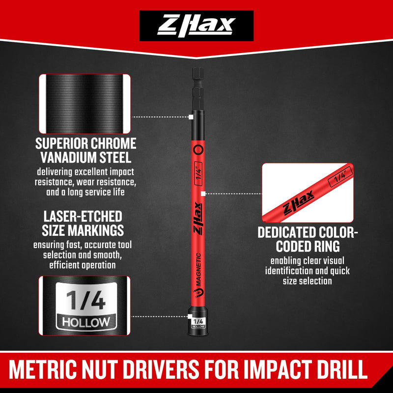 ZHAX 6-Piece Magnetic Hollow Impact Nut Drivers Set, 6-Inch Extra Long SAE 1/4" - 9/16", 1/4 Inch Hex Drive, Color Coded Impact Nut Setters With EVA Storage Organizer 6-Piece SAE