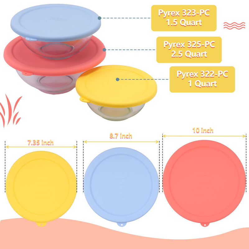 3 Pack Silicone Lids Only Fit for Pyrex 322-1 Quart / 323-1.5 Quart / 325-2.5 Quart Smart Essentials Rimmed Glass Mixing Bowls, Dishwasher and Microwave Safe (Lids Only) 3 Pack Lids (322 + 323 + 325)