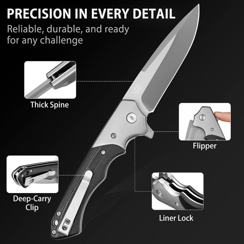 NedFoss Swan Pocket Knife for Men, 3.6" D2 Steel Hunting Knife, G10 Handle | 4.2oz, Liner Lock, Brass Bearing Pivot, Flipper, Large Folding Knife with Clip,Sharp Camping Survival Knives for Mens Gift Titanium