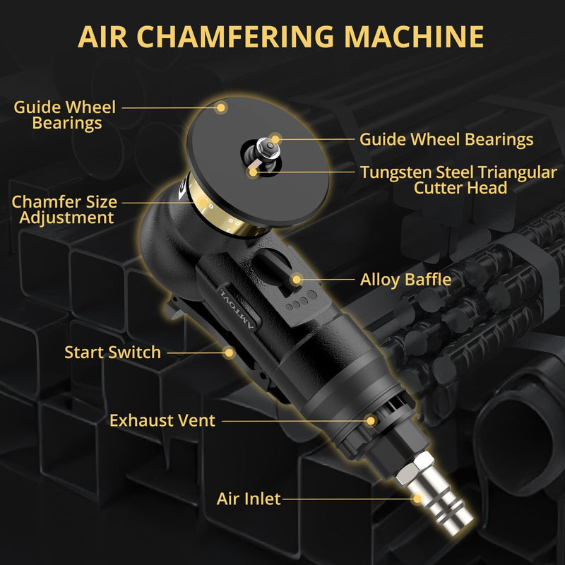 AMTOVL Pneumatic Chamfering Tool - Mini Air Chamfer Tool with 10 C-Angle & 10 R-Angle Blades, 45° 30000 RPM Chamfering Tool for Metal and Wood with 1/4" Air Inlet Black