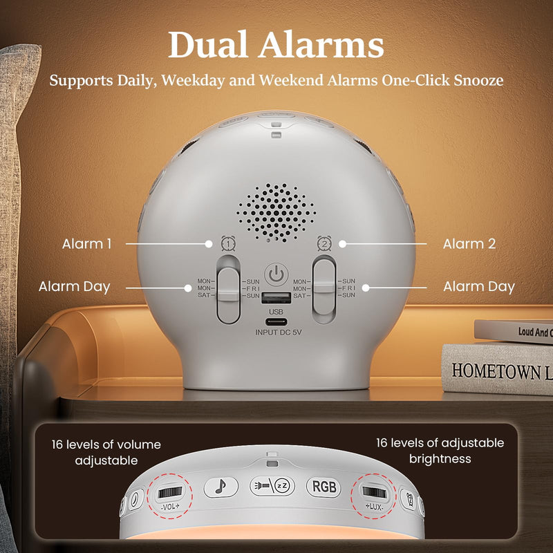  [AUSTRALIA] - Wake Up Light Sunrise Alarm Clock for Bedrooms, Rechargeable Sound Machine Night Light, 28 Sleep Sounds, 12 Colors, Dual Alarms, White Noise Sound Machine for Baby and Adults