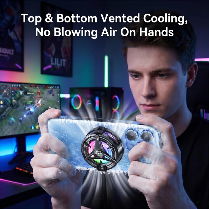Magnetic Semiconductor Phone Cooler, 3-Speed Adjustable Gaming Phone Cooling Fan with RGB Light, Detachable Clip Phone Cooler for iPhone/Android, Portable Phone Radiator (Black) Black