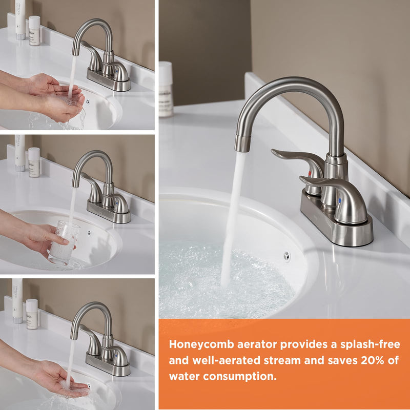 KPW Bathroom Sink Faucet 2 or 3 Hole Brushed Nickel Centerset 4 Inch Bathroom Sink Faucet 2 Handle Over ABS Non-Metallic Lavatory Bathroom Faucet with Pop up Drain Water Supply Hoses Two Handle 5121 Brushed Nickel