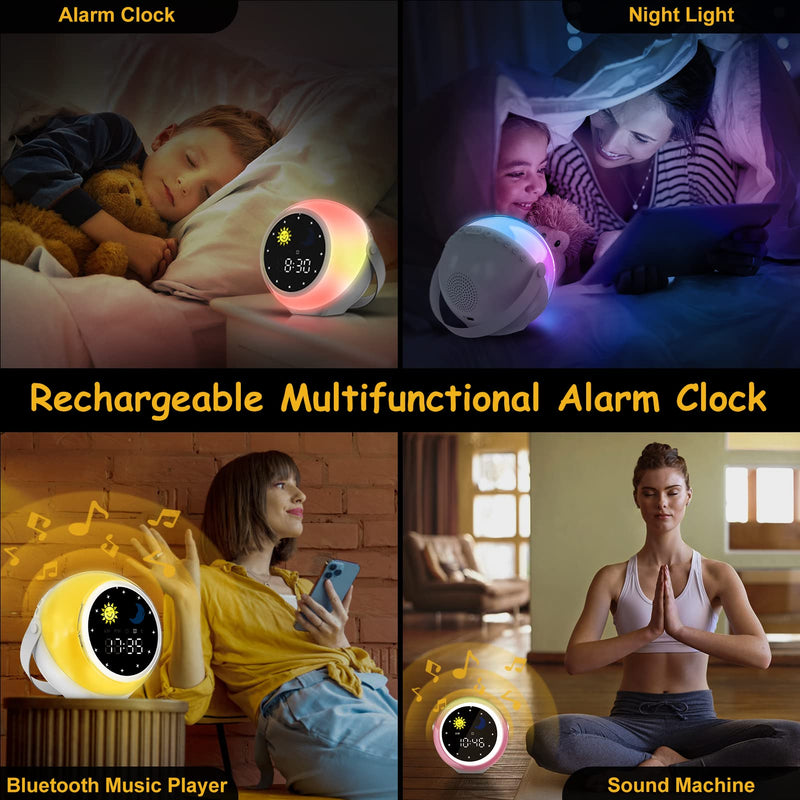 Alarm Clock for Kids, Bluetooth Music Player&Digital Clock, Sleep Sound Machine for Kids Bedroom, Kids Alarm Clock Sleep Trainer with Wake up Light, Ok to Wake Clock for Kids Adjustable Colors