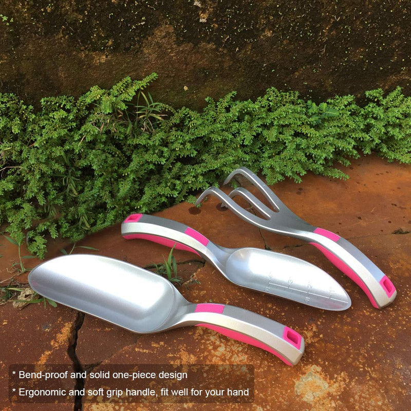 Garden Tool Set, 3PC Bend Proof Gardening Tool Kits (Soil Scooper, Garden Trowel, Cultivator Hand Rake), One-Piece Aluminum, Garden Gift Pink