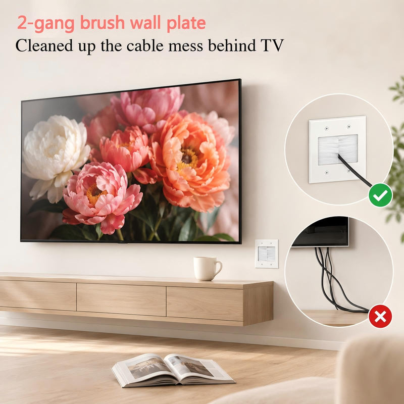 1 Pack 2-Gang Brush Wall Plate with Bracket, Cable Pass Through Wire Hider | Dustproof Large Capacity In-Wall Cable Management for HDMI, Ethernet,Speaker, Home Theater, Versatile Use, Easy Installation 2-Gang Brush Wall Plate (1 Pack)