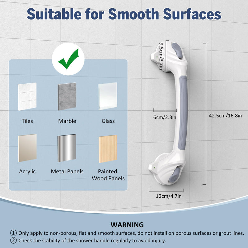 Grab Bars for Bathtub and Shower, 2 Pack Shower Handle with Strong Suction Cups, 16.8 Inch Bathroom Grab Bars for Seniors, Removable Shower Safety Handrail for Elderly, Drill Free, Waterproof 2 packs-Grey White