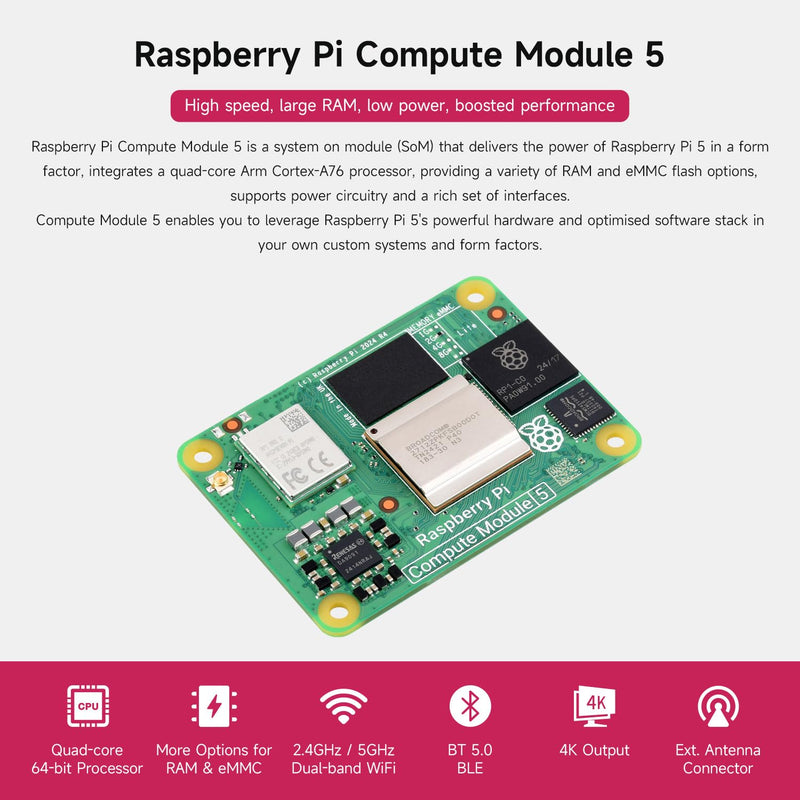 CM5 Waveshare Pi Compute Module 5，Comes with an Official Raspberry Pi CM5002016 (Without Wireless, 2GB RAM, 16GB eMMC Flash), an Antenna Kit and a HEATSINK. (3 Items)