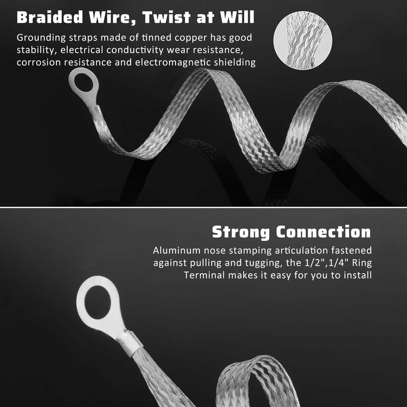 3Pcs Ground Strap Automotive, 20" x 1/2" Vehicle Grounding Straps, Engine Tinned Copper Braided Ground Strap with Ring Terminals for Most Cars