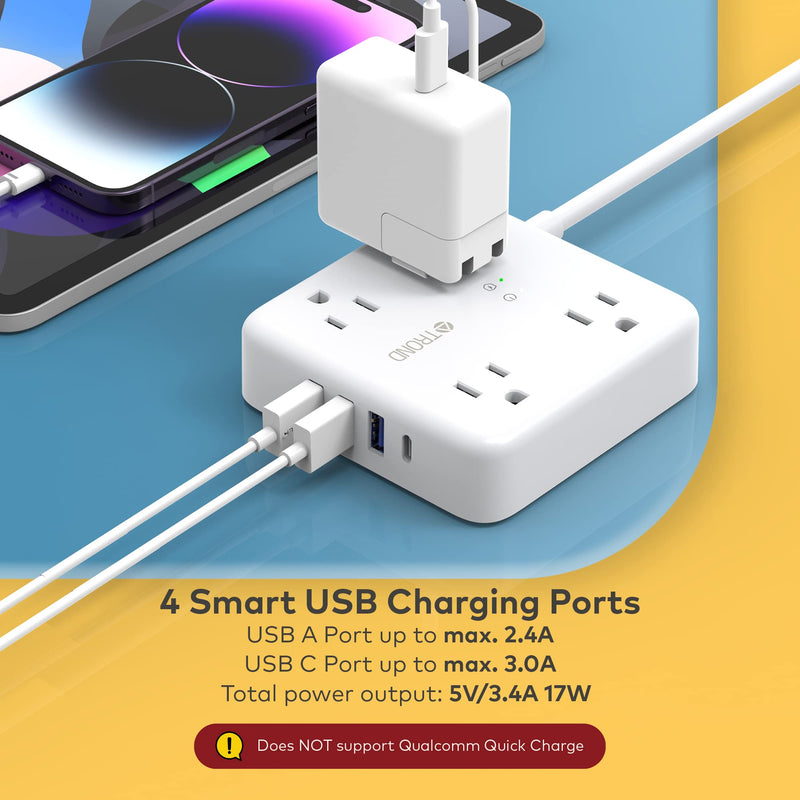  [AUSTRALIA] - TROND Power Strip Surge Protector - Ultra Thin Flat Plug 5ft Extension Cord with 4 USB Ports(1 USB C Charger), 4 Widely-Spaced Outlets, Compact & Small, 1440J, Wall Mount for Home Office Dorm, White 5 FT