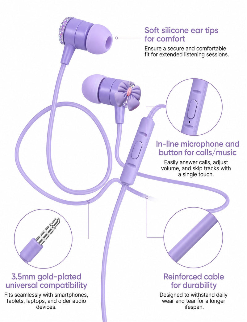 Teens Wired Earbuds with Case, 3.5mm Headphones for School, Bowknot | GOGOSINIS Wired Student Earbuds, with Carabiner Clip to Attach on School Backpack, Small Eartips, for PC and Tablets