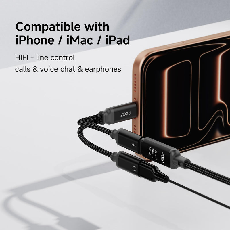 pzoz USB C Headphone Adapter, 100W Audio Charging Splitter for iPhone | 2-in-1 USB-C adapter lets you charge and use wired headphones at the same time, perfect for music, gaming and calls.