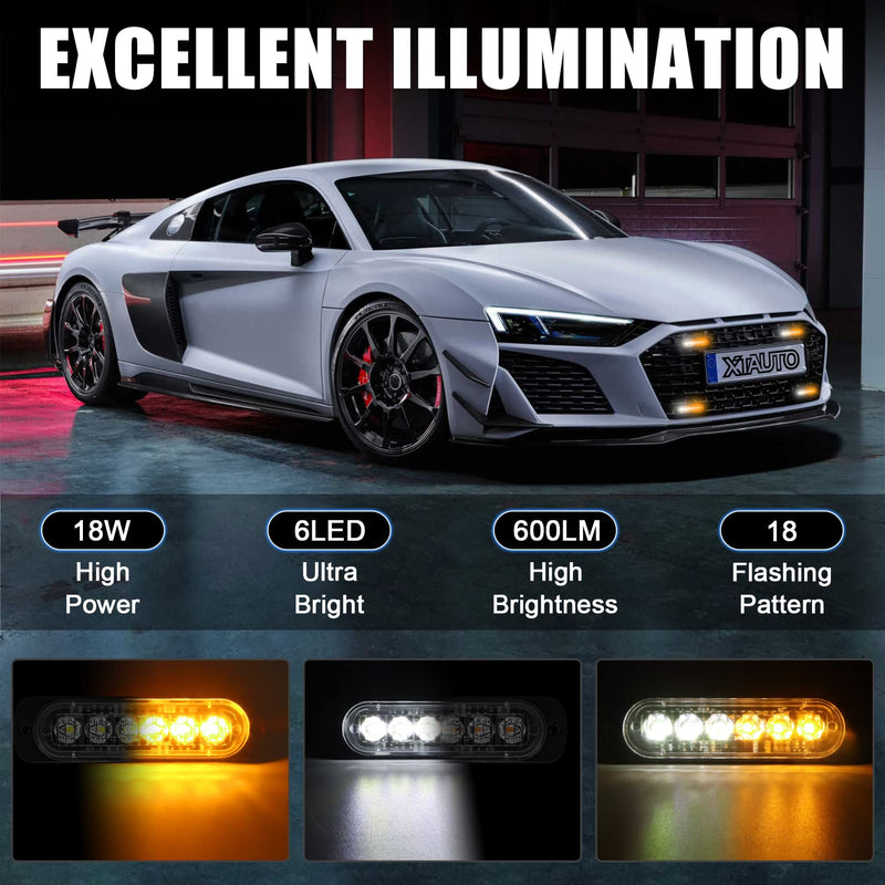 10pcs LED Emergency Strobe Light, Amber White 6-LED Ultra Slim Surface Mount Flashing Warning Hazard Caution Light Bar for Car Truck Off Road Vehicles