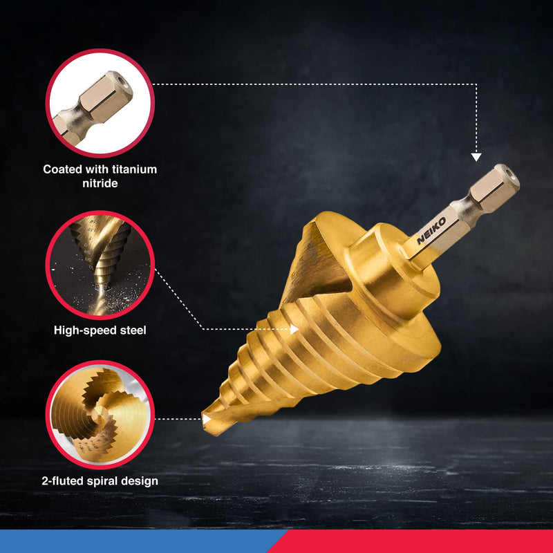 NEIKO 10173A Step Drill Bit Set for Metal and Wood, 5 Piece SAE, Spiral Grooved for Faster Drilling, Step Bits with 50 Total Step Sizes, Titanium Coated Unibits 5pc (1/8 to 1-3/8" 50S) Quick-Change Hex HSS