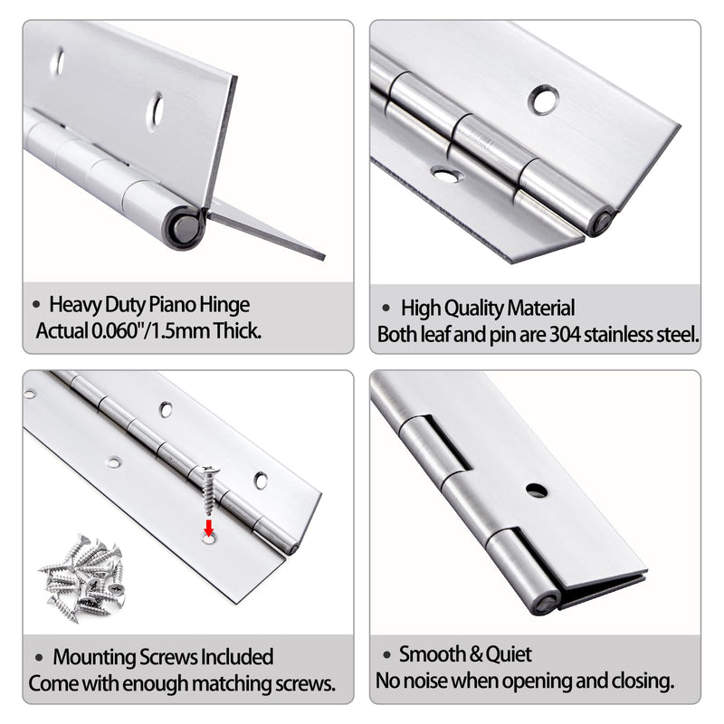 Heavy Duty Piano Hinge 48 Inch x 1.5 Inch Stainless Steel Continuous & Piano Hinges with Holes, 48" Continuous Hinges for Cabinet, Door, DIY Wood Boxes, 0.060" Leaf Thickness, 1.5" Open Width Silver