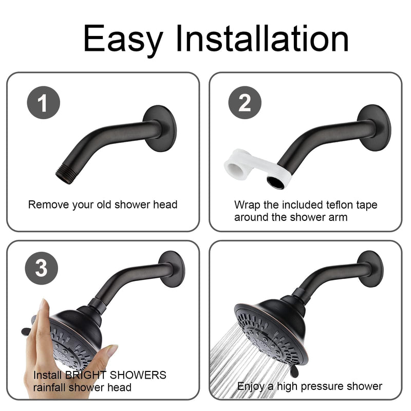 BRIGHT SHOWERS High Pressure Rain Shower Head, Fixed Shower Head with 5 Spray Settings, Adjustable Angle and Anti-Clog Nozzles, Oil Rubbed Bronze (1.8 GPM) 5 Spray Settings