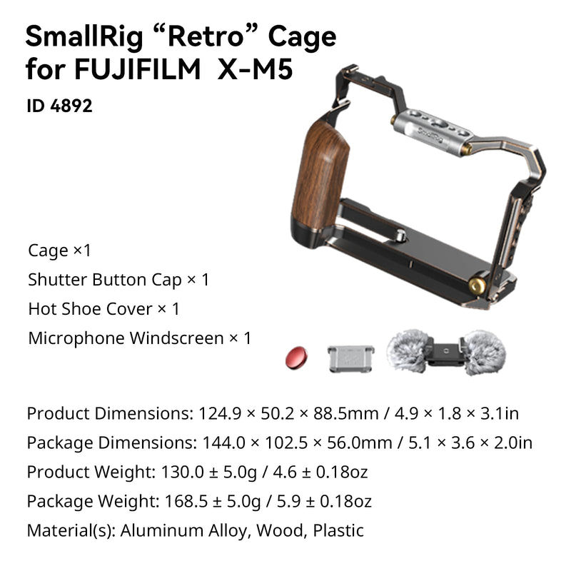 SmallRig Retro Cage for FUJIFILM X-M5, Built-in Wooden Handgrip and Quick Release Plate for Arca, Included Windshield/Hot Shoe Cover/Shutter Release Button - 4892