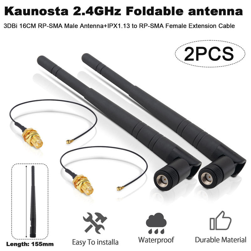 WiFi Bluetooth Antenna 2.4GHz 3dBi RP-SMA Male Foldable Antenna + 17cm U.FL IPX to RP-SMA Female Pigtail Cable for Router Wireless Network Devices Desktop PC USB Adapter Security Camera 2Pcs