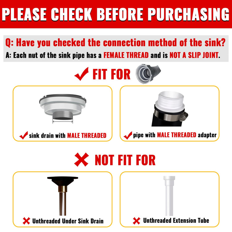 VIVIDA Double Sink Drain Pipe Kit, 1-1/2" Flexible Drain Pipe, 11"-31.5" Expandable Flexible P Trap for Double Kitchen Sink, 1-1/4" Adapter Included, Gray, 1 PACK 11" to 31.5"