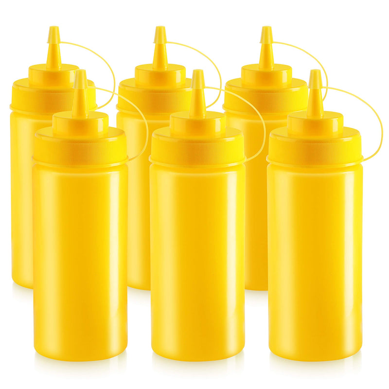 New Star Foodservice 26528 Plastic Squeeze Bottles with Cap and Scale, Wide Mouth, 16 oz, Yellow, Pack of 6 Yellow (Pack of 6) 24 Ounces