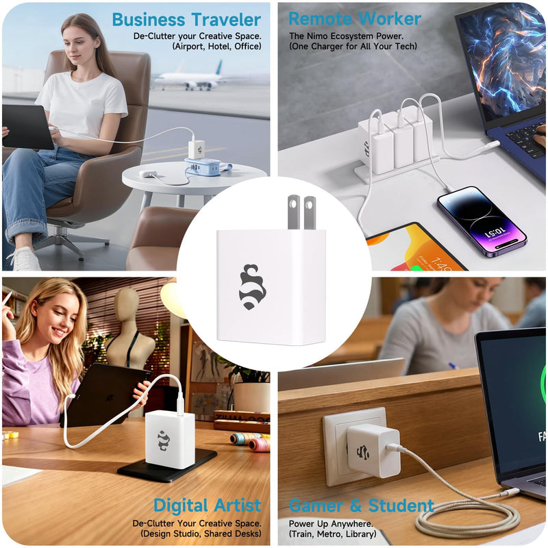 NIMO 65W GaN USB C Fast Charger, Compact PD 3.0 Adapter with 6.6ft Cable, Reliable Laptop Power Block for MacBook Pro/Air, iPhone-17/16 Pro Max, iPad, Sam-sung-S26/S25, PPS Charger for Travel Office White