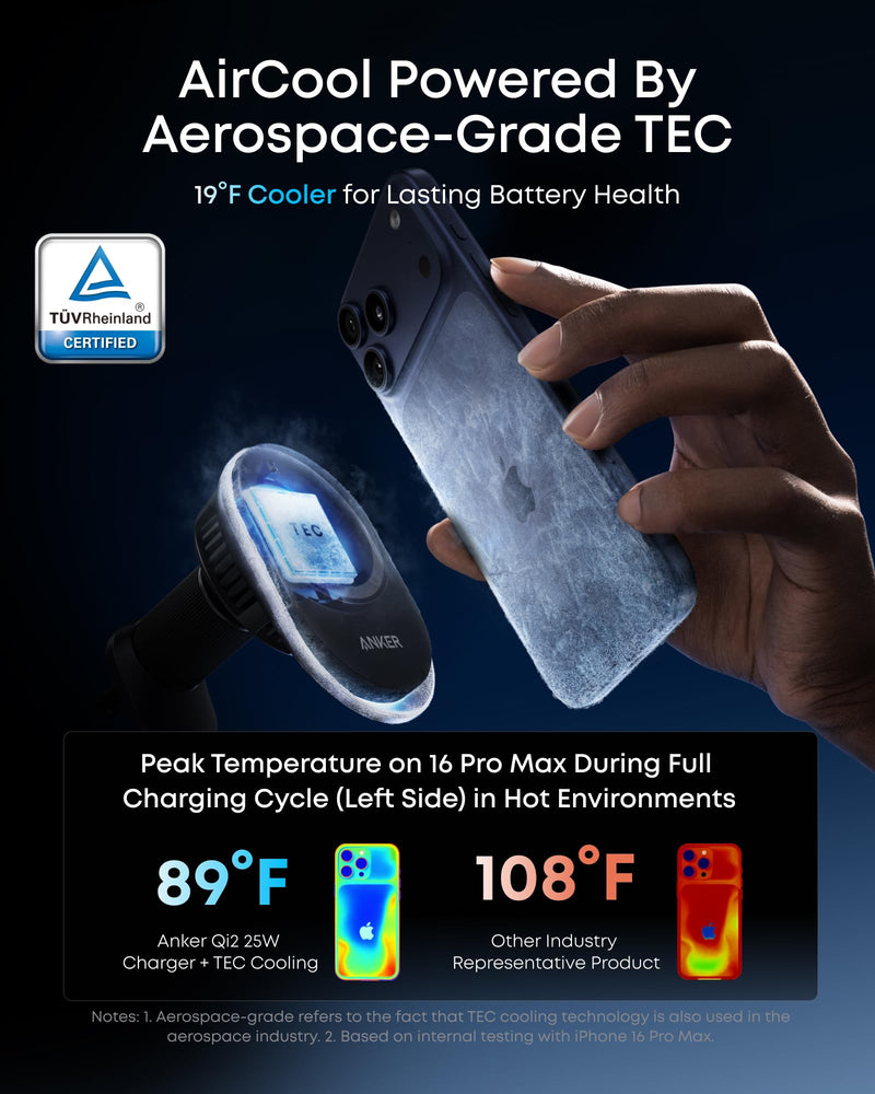Anker Prime Qi2 25W MagSafe Compatible Wireless Car Charger Mount | AirCool Phone Holder with Vent Clip and Fast Power, for iPhone 17 - 12 Series, and More (Adapter Included) 25 Watts