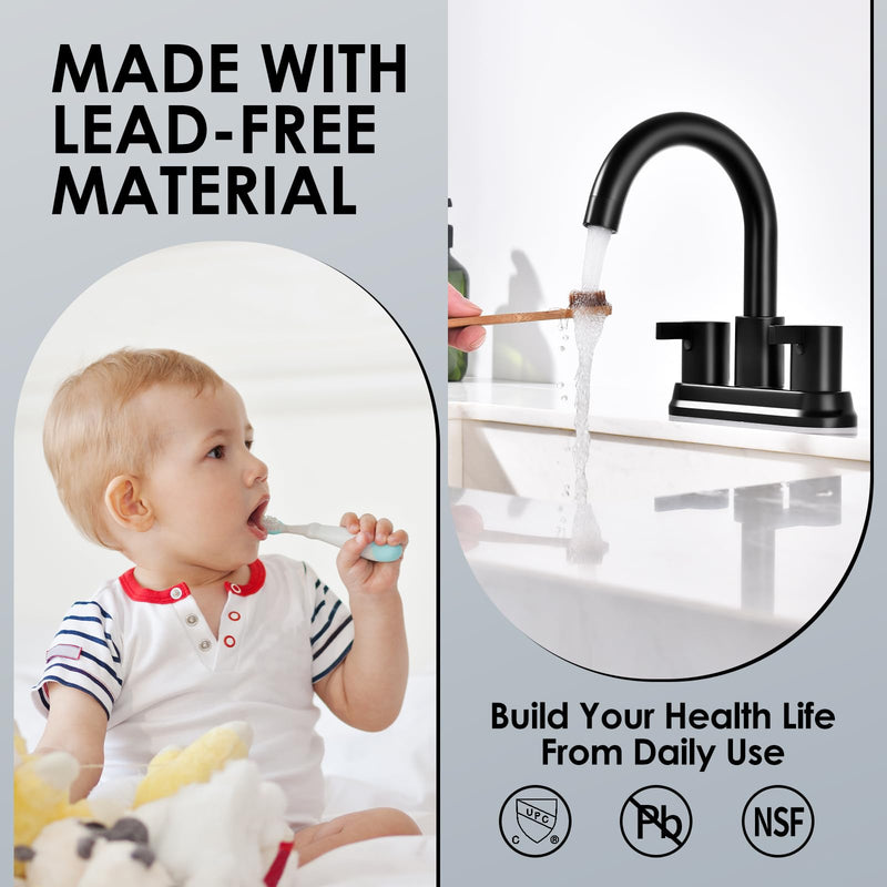 Two Handle 4 inch Black Bathroom Faucet, Bathroom Sink Faucet for 3 Holes with Pop-up Drain and 2 Supply Hoses, Lead-Free