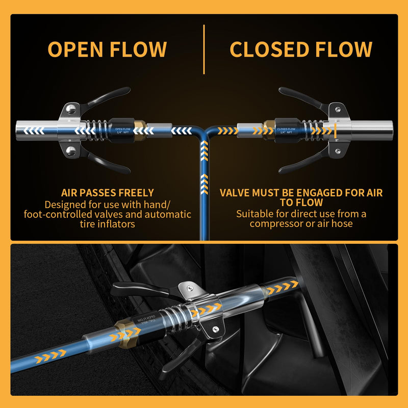 Locking Air Chuck, Heavy Duty Open Flow with Six Steel Jaws, Locks onto Any Tire Valve, No Leaks or Pop-Offs, Rated to 150 PSI - Open Flow