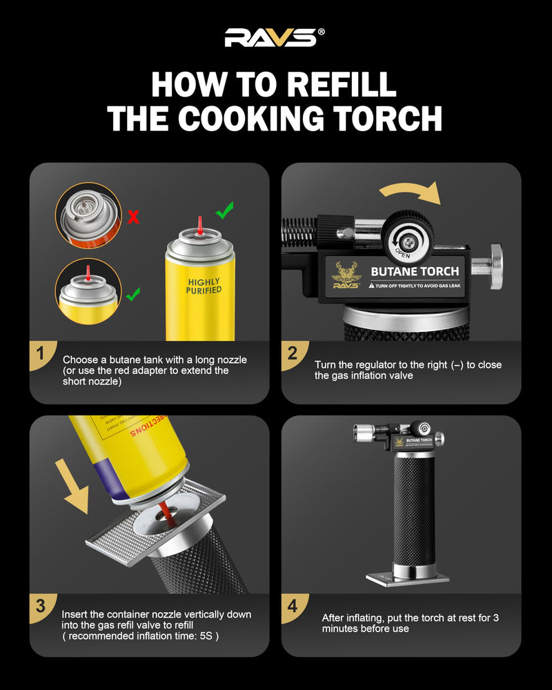 RAVS Butane Torch Lighter, DUAL Flame Mode Kitchen Torch, Refillable Cooking Torch Gun, Creme Brulee Torch Lighter, Blow Torch for Cooking, Welding, Mini Torch Soldering Torch, Butane is Not Included Black