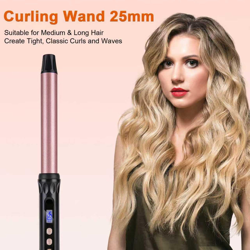 Curling Wand 25mm Tourmaline Ceramic Barrel Hair Curling Wand for Medium to Long Hair, Clamp-Free, Adjustable Temperature, Dual Voltage Professional Hair Curler Iron for Long-Lasting Waves