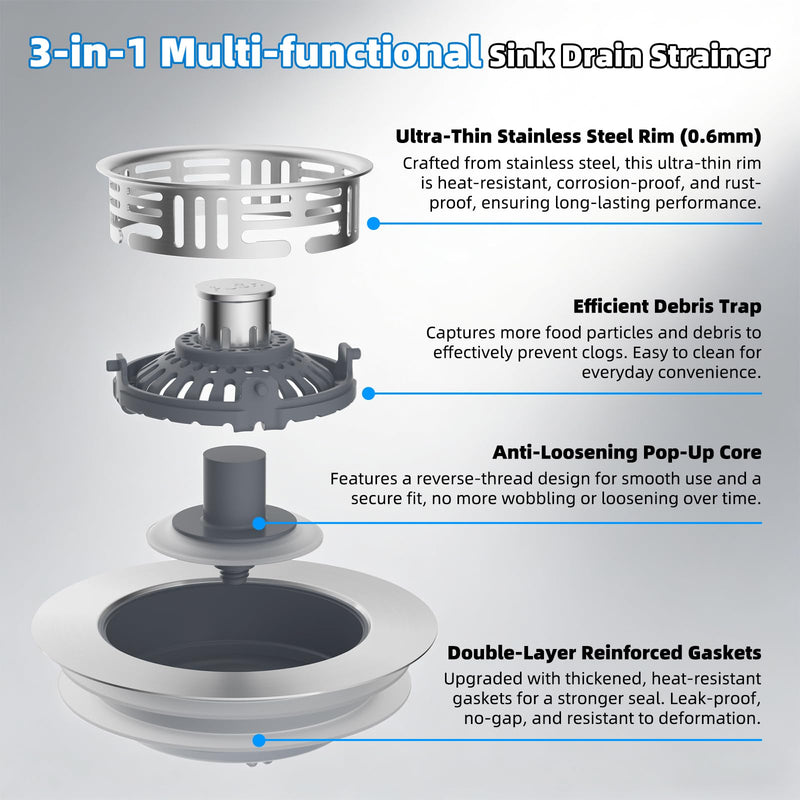Hibbent Upgraded 2 Pack 3 in 1 Kitchen Sink Drain Strainer, Stainless Steel Pop Up Sink Stopper, Larger Anti-Clogging Basket, 3-Layer Seal, Detachable Plug for US Standard 3-1/2" Drain, Brushed Nickel