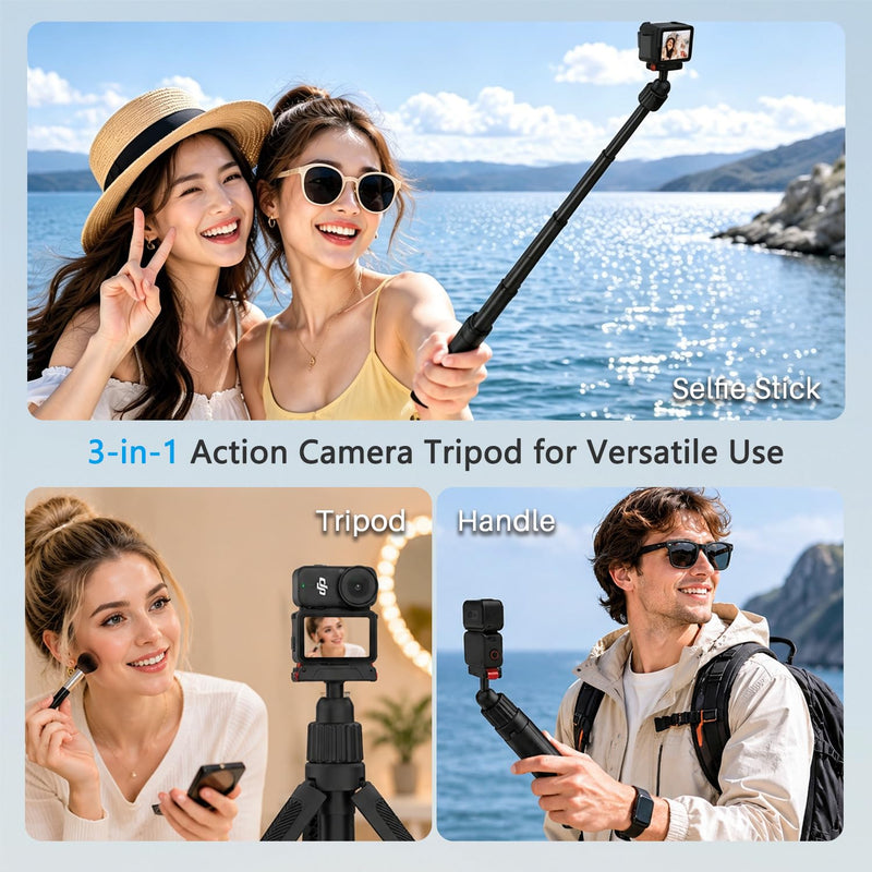 15.75'' Reinforced Selfie Stick Tripod for DJI Osmo Action 6/Nano | 3-Keel Enhanced Extendable Tripod, N55 Magnetic Mount, Ultra Light Portable Vlogging Pole Handle Grip for Travel Shooting
