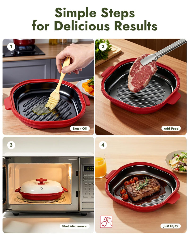 Microwave Grill Pan - Get Real Grill Marks in 5 Minutes, Multi-Cooker (Bake/Fry/Steam) for Steak, Bacon & Veggies. Nonstick, Dishwasher Safe for RV/Dorm/Office Use, Includes Brush