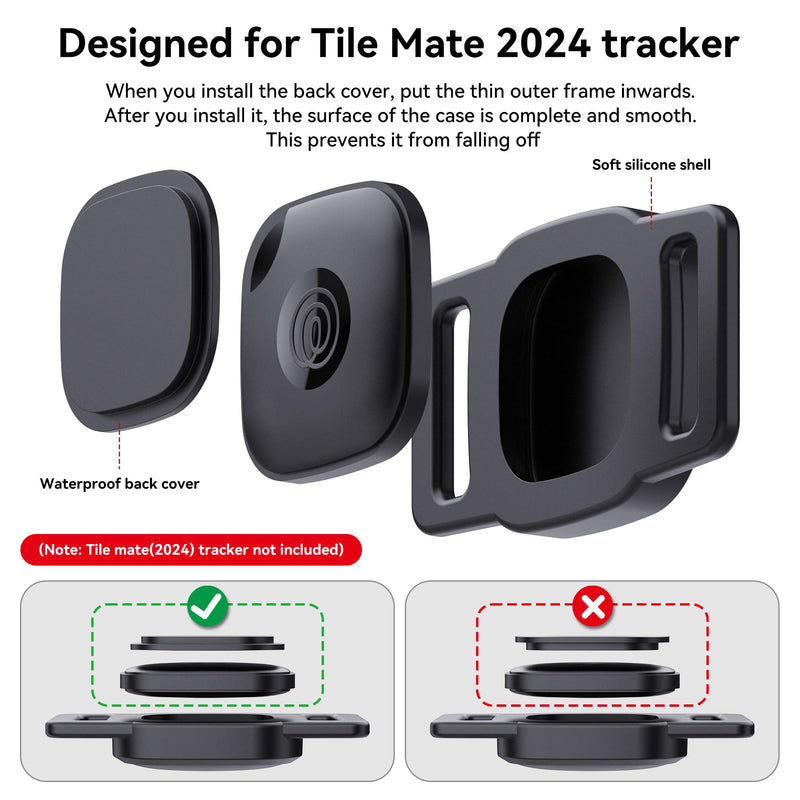 DDJ 2-Pack Waterproof Dog Collar Holder for Tile Mate Tracker, Durable Silicone Life360 Tile Case for Cat &Pet Collars Without Shaking, Anti-Lost Full Body for Tile Cover, Easy to Install, Black