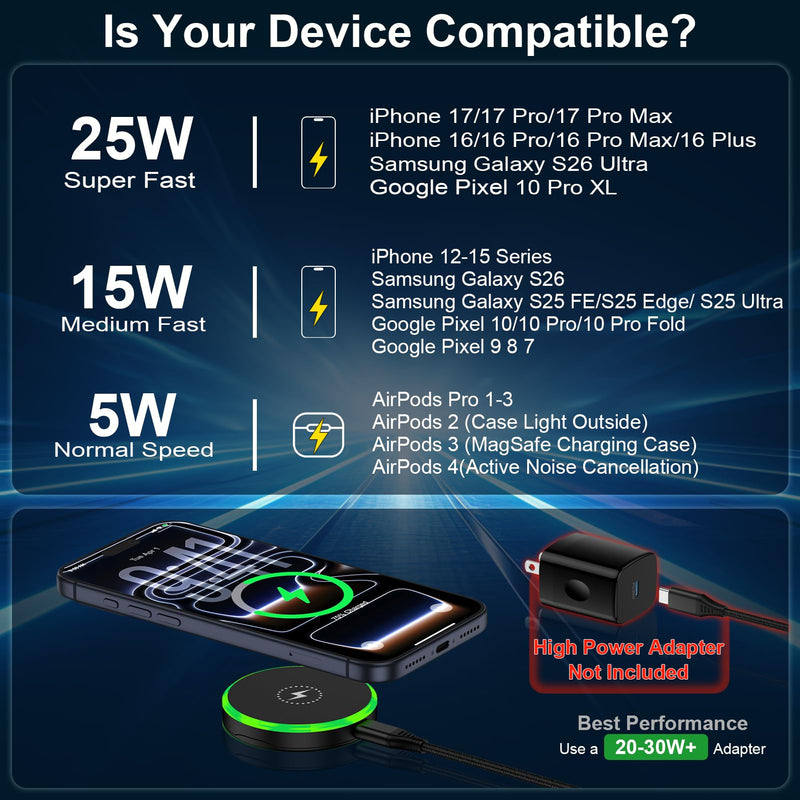 25W Magnetic Wireless Charger for Samsung S26 Ultra Fast Charging Station | Magnet Wireless Phone Charger for Android Compatible with Samsung Galaxy S26+, Google Pixel 10/10 Pro XL/10 Pro Fold/10Pro Black