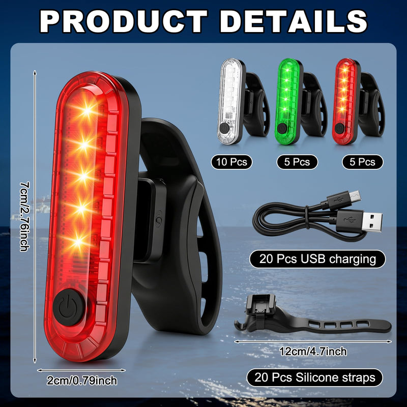 Jerify 20 Pack USB Rechargeable LED Bike Tail Light Navigation Lights Kit Bicycle Rear Waterproof 4 Light Mode Options for Night Back Bicycle Taillights, Night Kayaking, Boating Red, White,Green